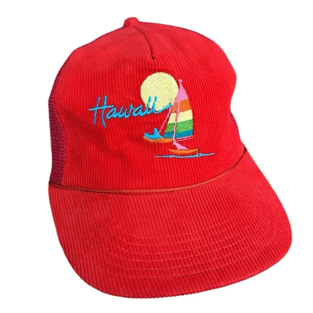 NWOT 80's Vintage Hawaii Sailboat Red Rainbow Corduroy SnapBack Trucker Hat Cap